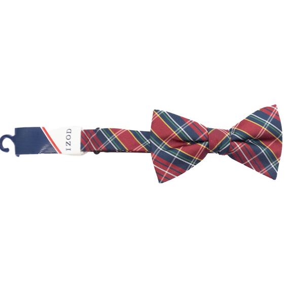 Izod Self Tie Red Tartan Plaid Christmas 100% Silk Bow Tie - Picture 3 of 6